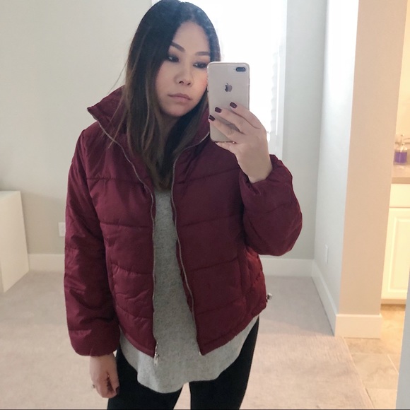 Burgundy Quilted Puffer Puffy Jacket - Picture 4 of 6